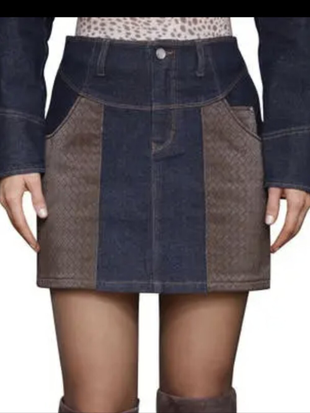 Avec Les Filles Denim Faux Leather Trim Western Mini Skirt Size 14 NWT